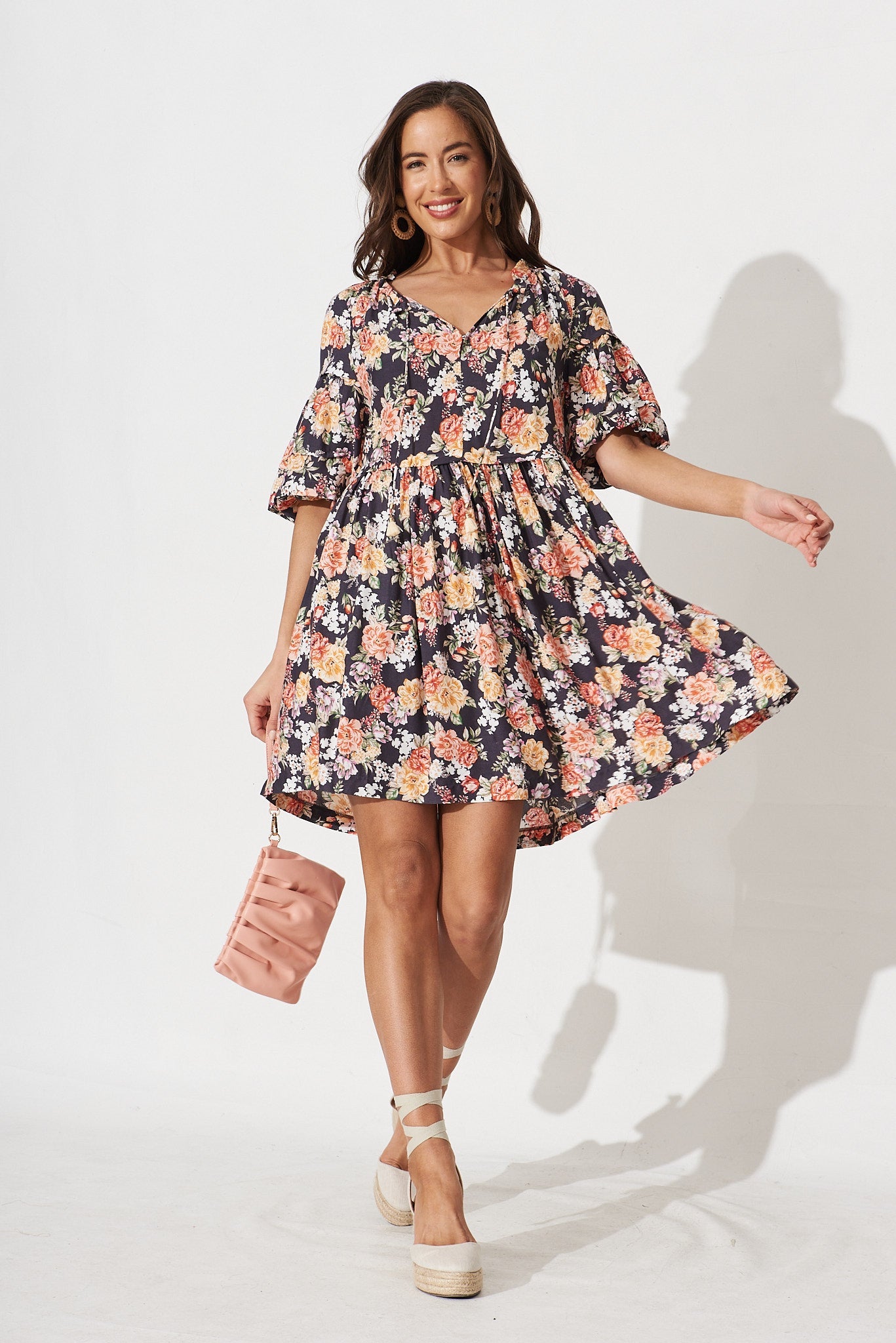 Alisa Dress In Black With Multi Floral - full length
