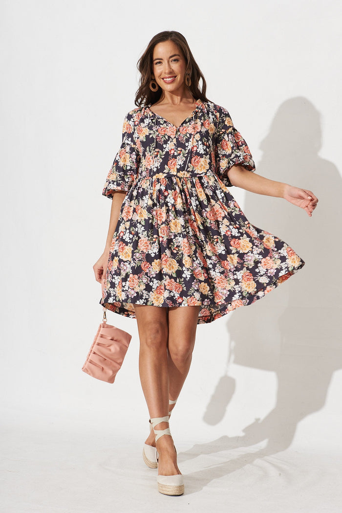 Alisa Dress In Black With Multi Floral - full length