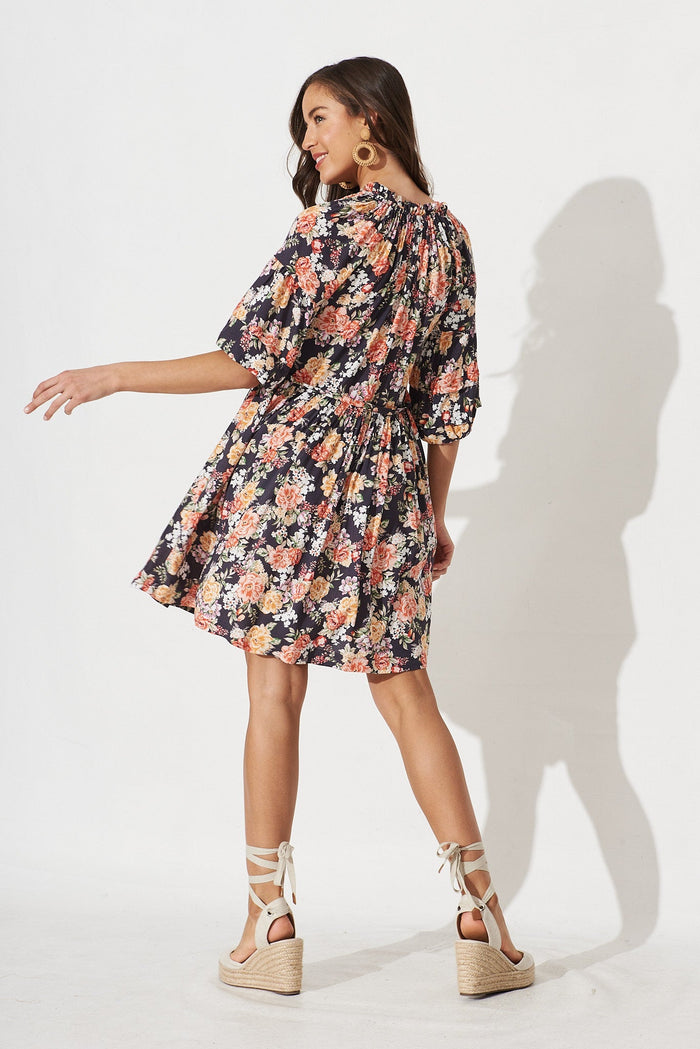Alisa Dress In Black With Multi Floral - back