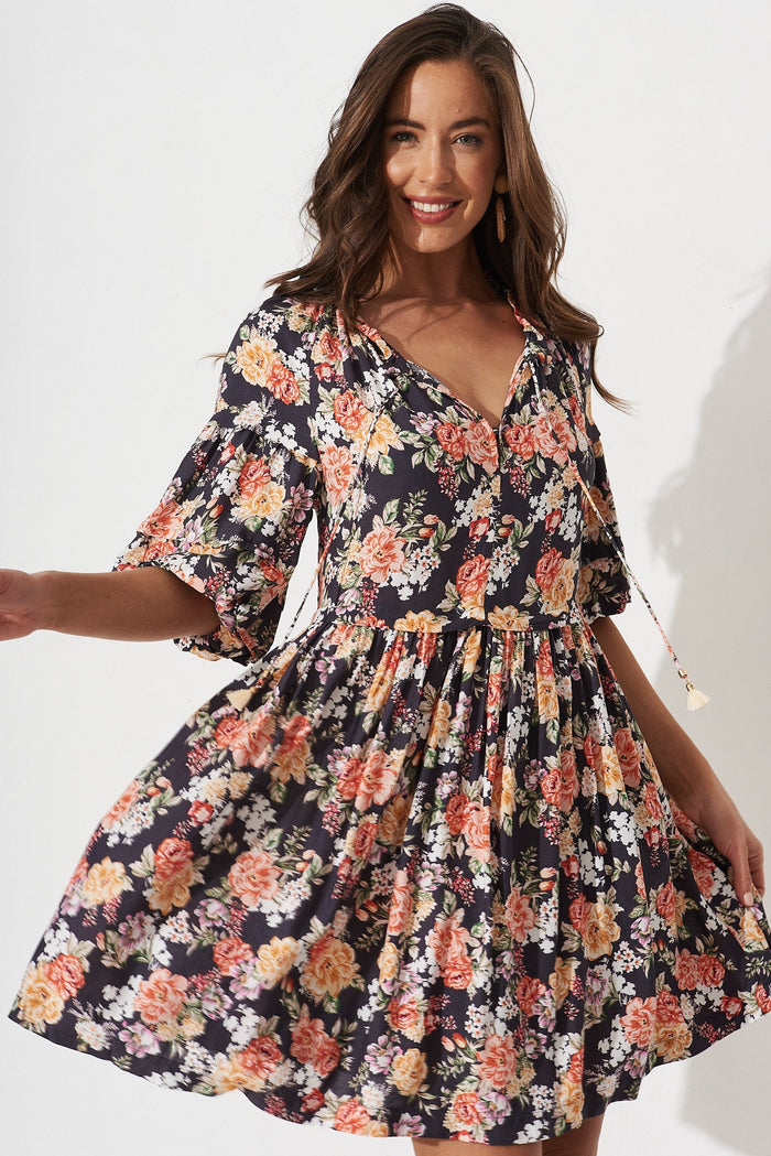 Alisa Dress In Black With Multi Floral - front