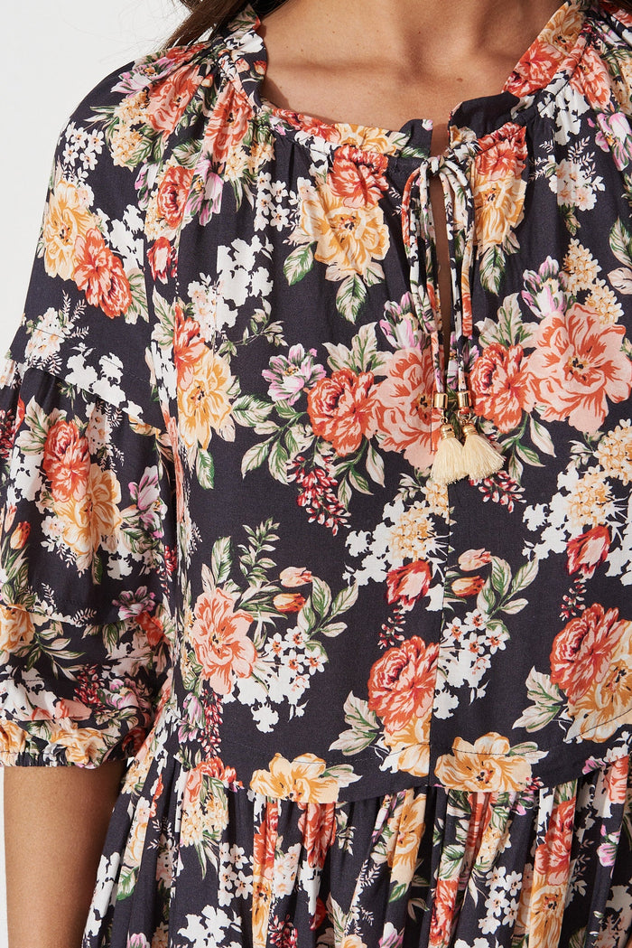 Alisa Dress In Black With Multi Floral - detail