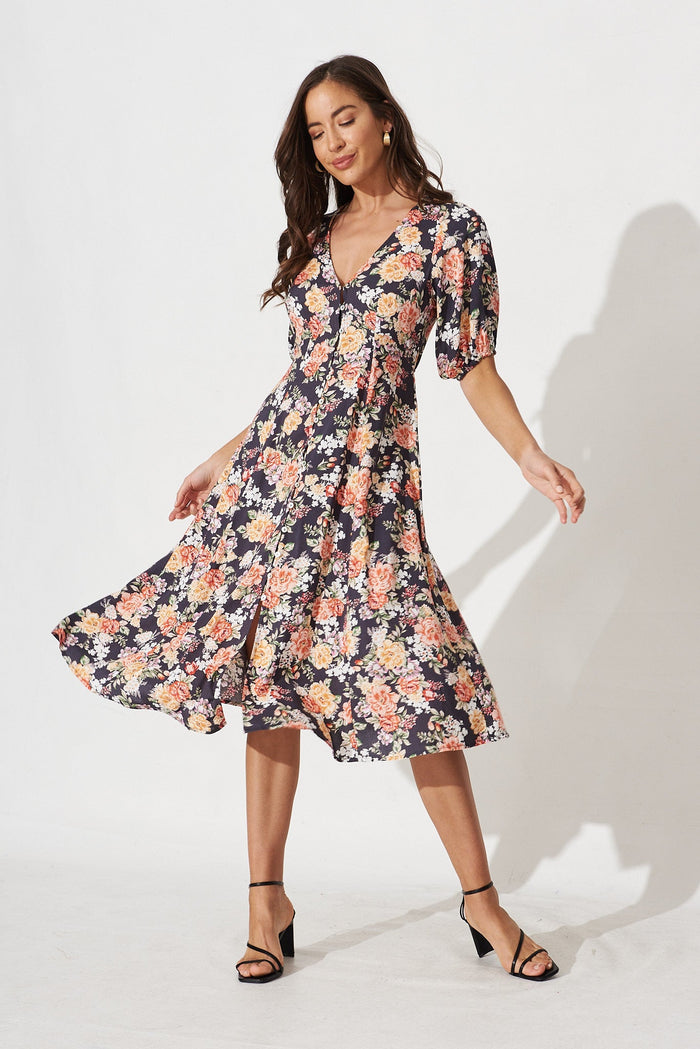 Elynne Midi Dress In Black With Multi Floral - full length
