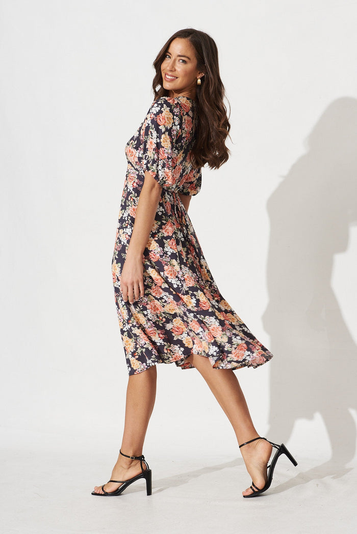 Elynne Midi Dress In Black With Multi Floral - side