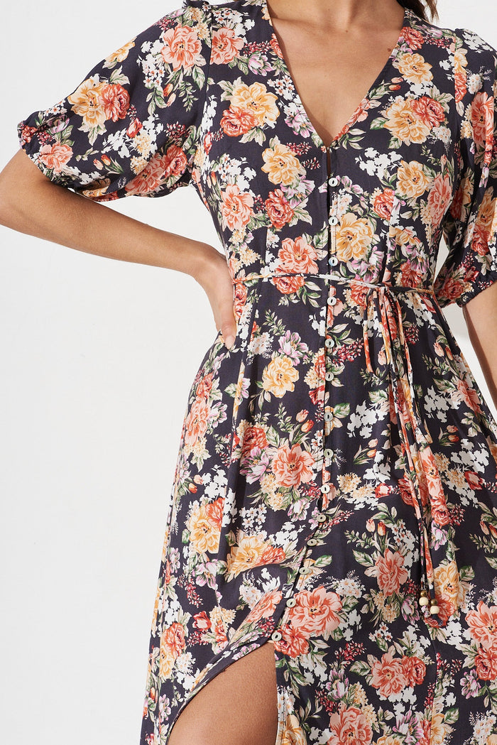 Elynne Midi Dress In Black With Multi Floral - detail