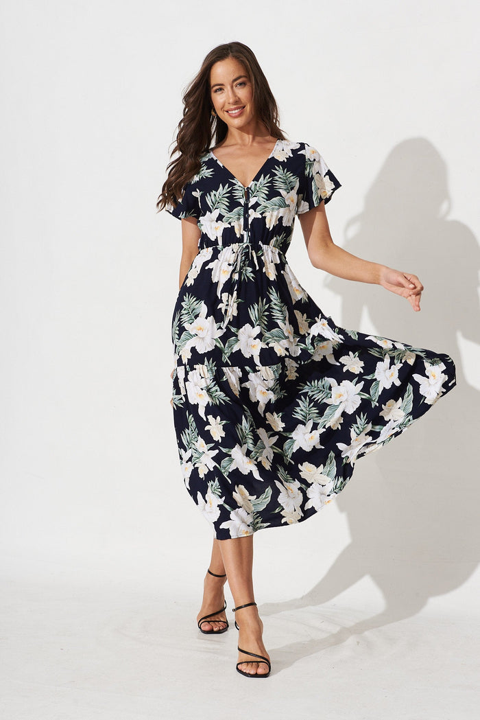 Danelle Midi Dress In Navy and White Floral - full length