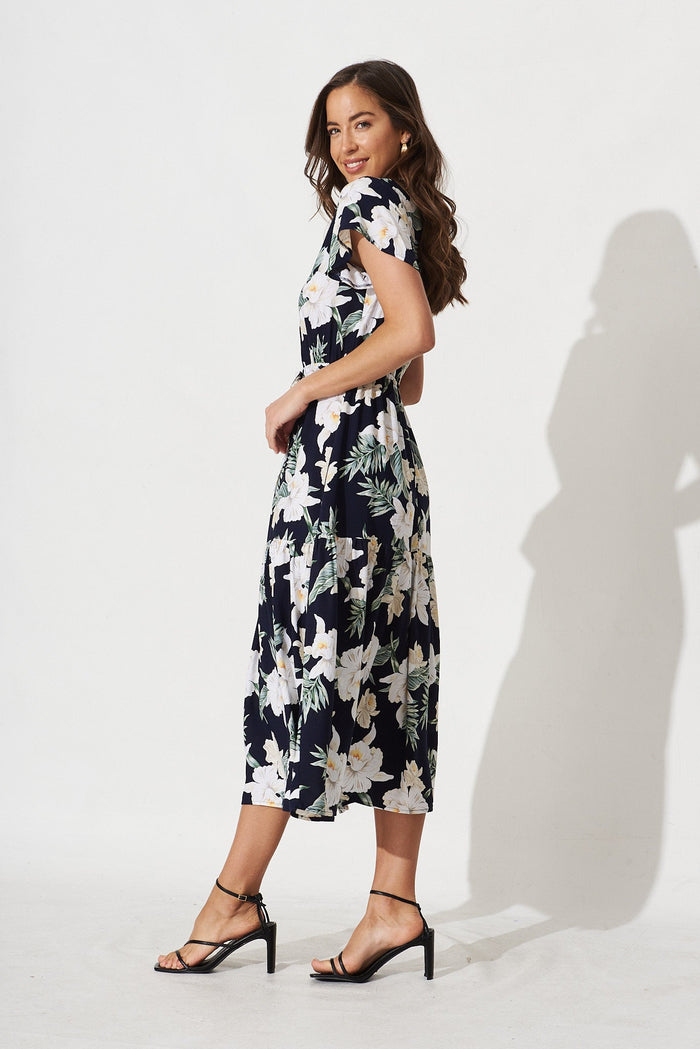Danelle Midi Dress In Navy and White Floral - side