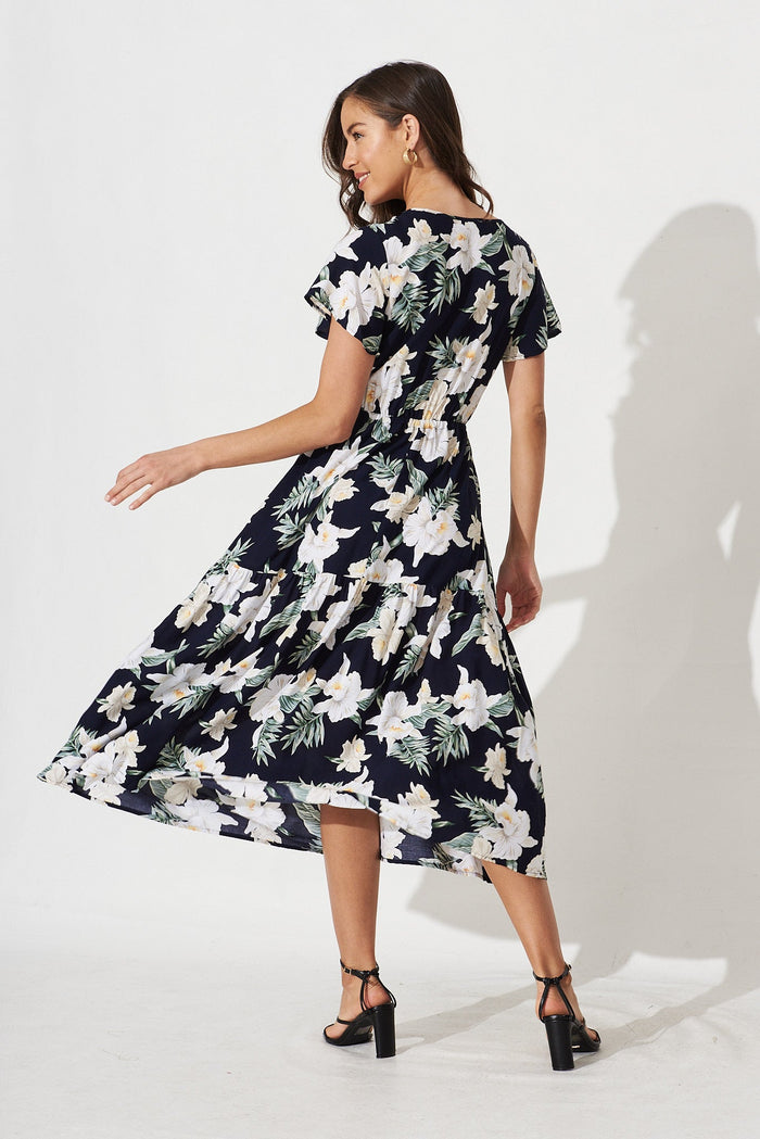 Danelle Midi Dress In Navy and White Floral - back