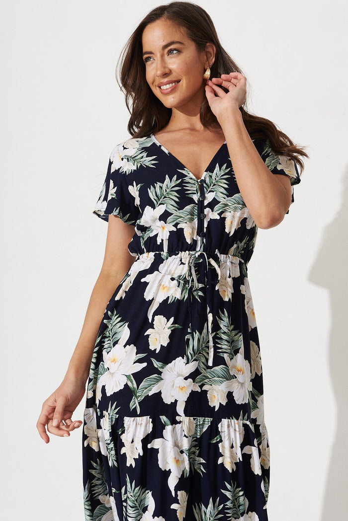 Danelle Midi Dress In Navy and White Floral - front