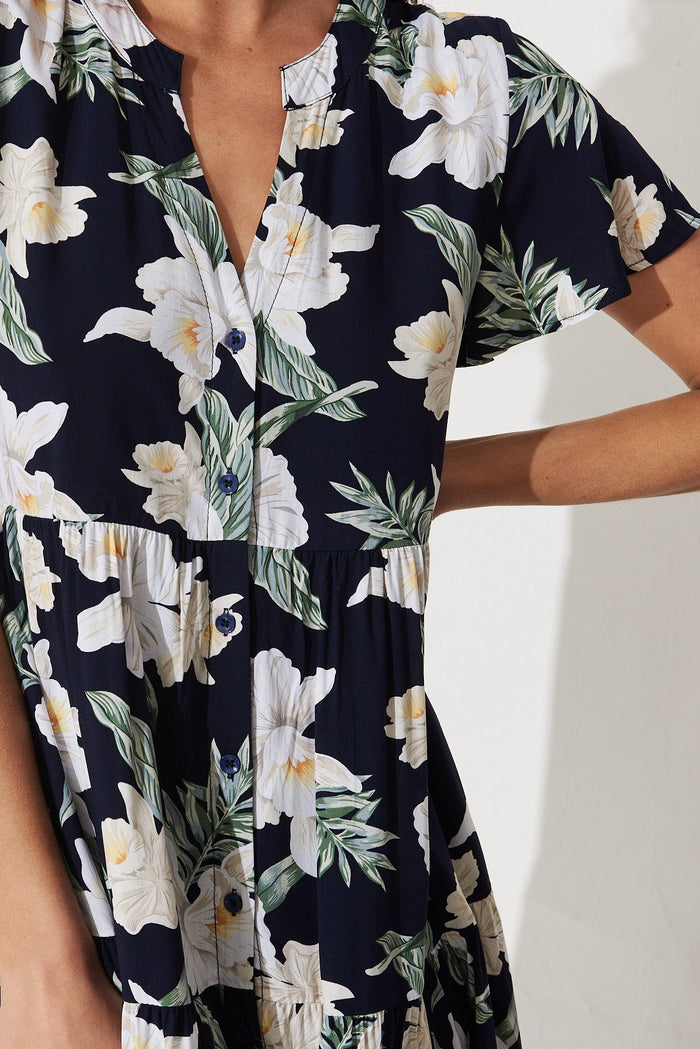Adeline Shirt Dress In Navy and White Floral - detail