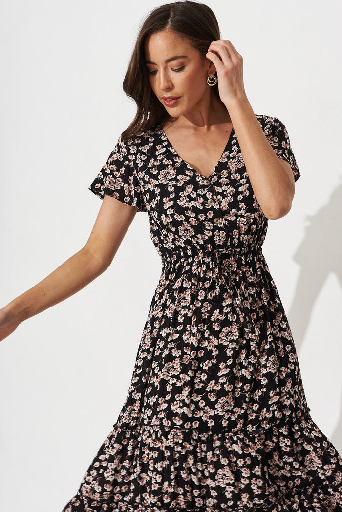 David Dress In Black with Brown Floral - front