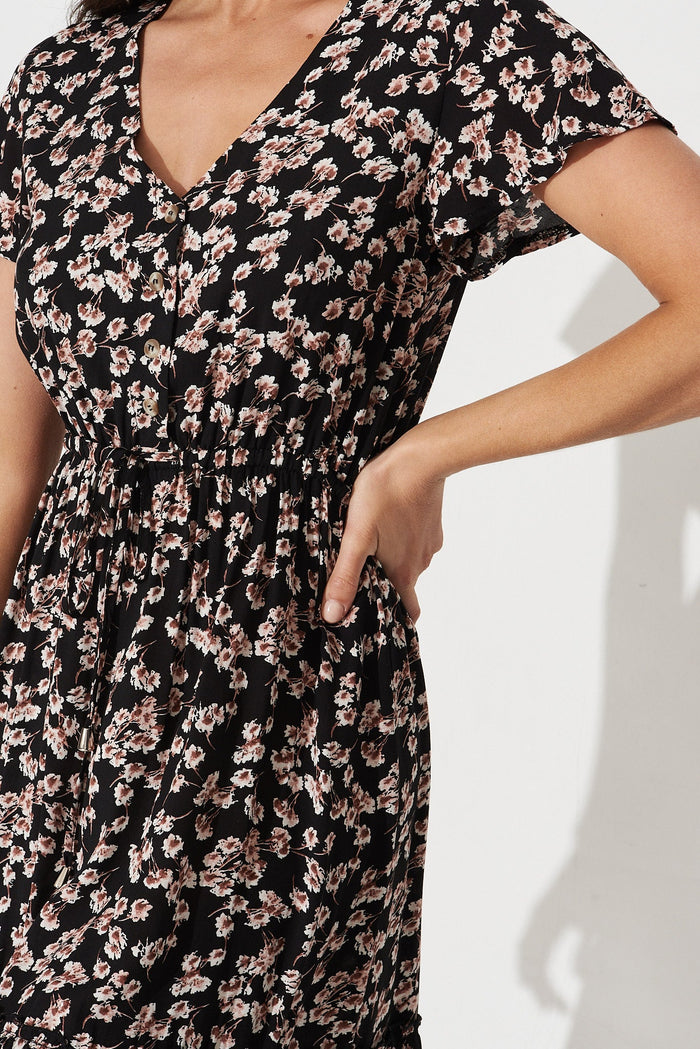 David Dress In Black with Brown Floral - detail
