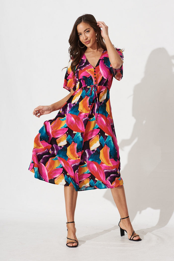 Melody Midi Dress In Black With Multi Leaf Print - full length