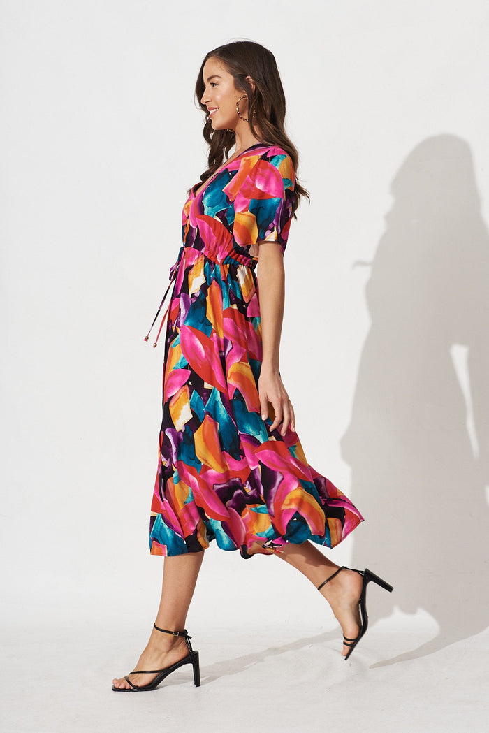 Melody Midi Dress In Black With Multi Leaf Print - side