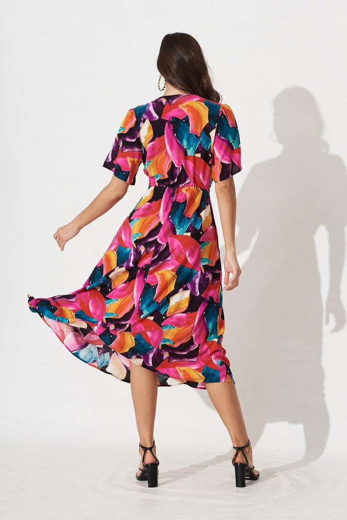 Melody Midi Dress In Black With Multi Leaf Print - back