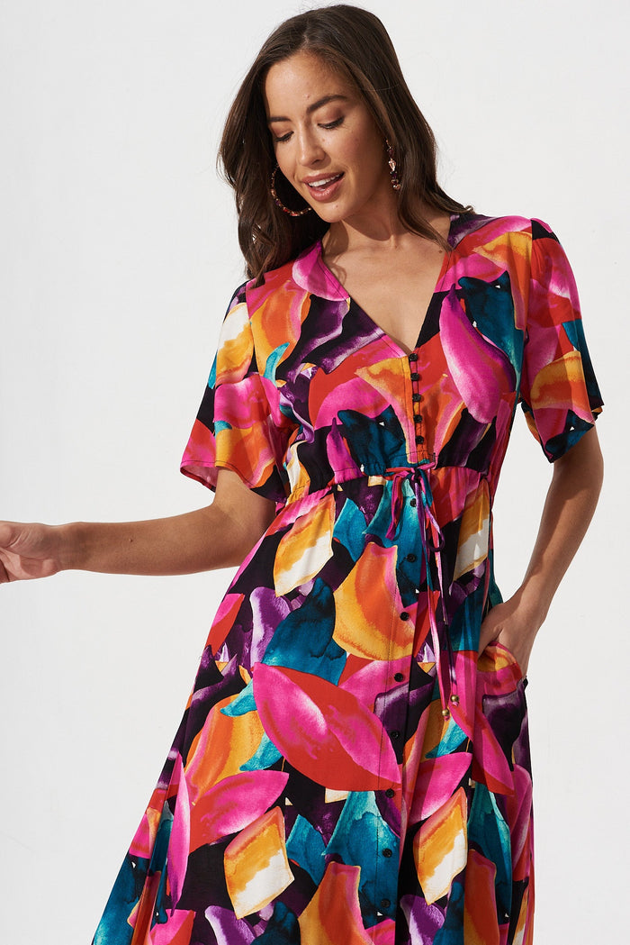Melody Midi Dress In Black With Multi Leaf Print - front