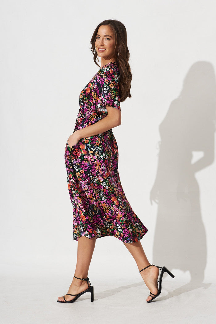 Melody Midi Dress In Black Multi Floral - side