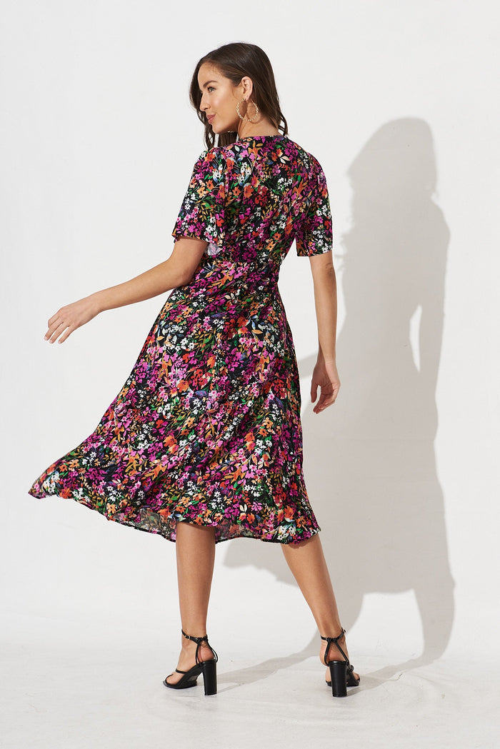 Melody Midi Dress In Black Multi Floral - back