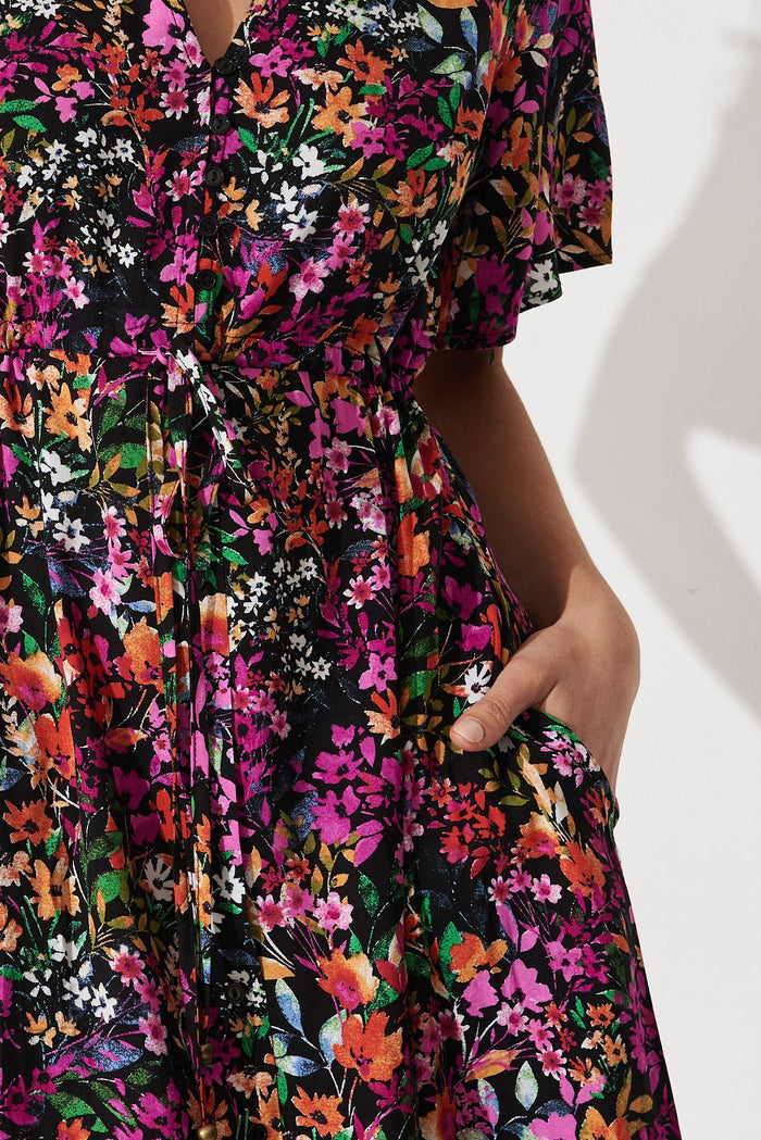Melody Midi Dress In Black Multi Floral - detail