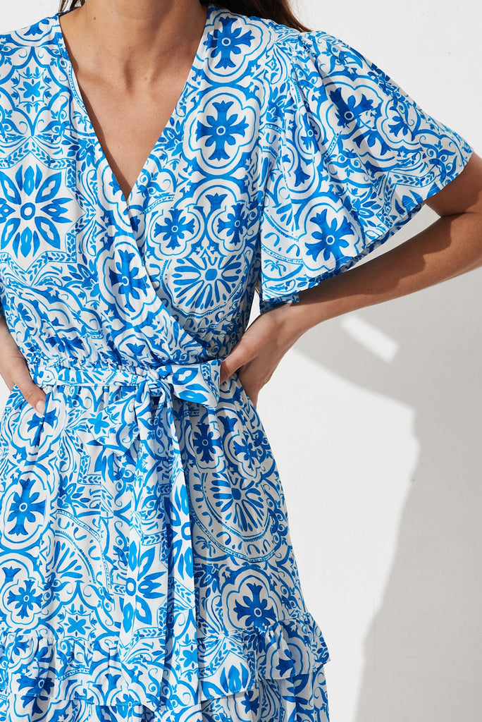 Gaia Dress In Blue Tile Print - detail