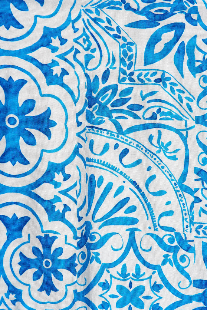 Gaia Dress In Blue Tile Print - fabric