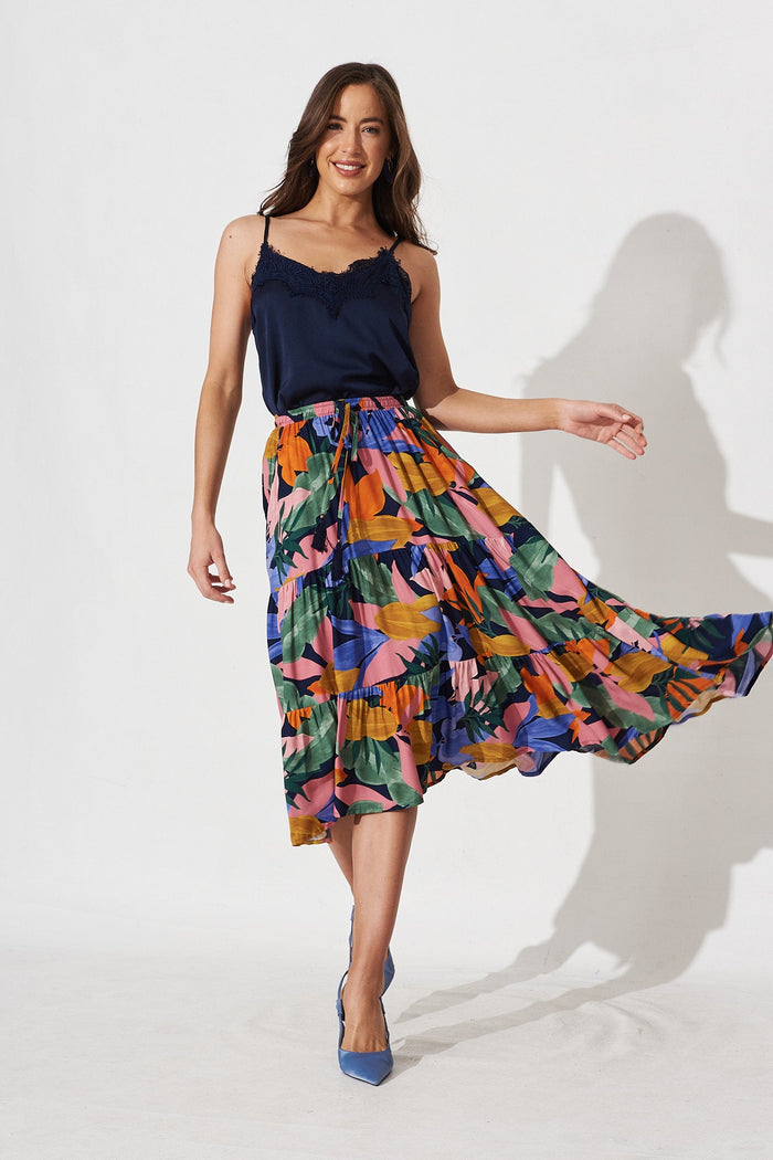 Prisca Midi Skirt In Navy Multi Leaf Print - full length