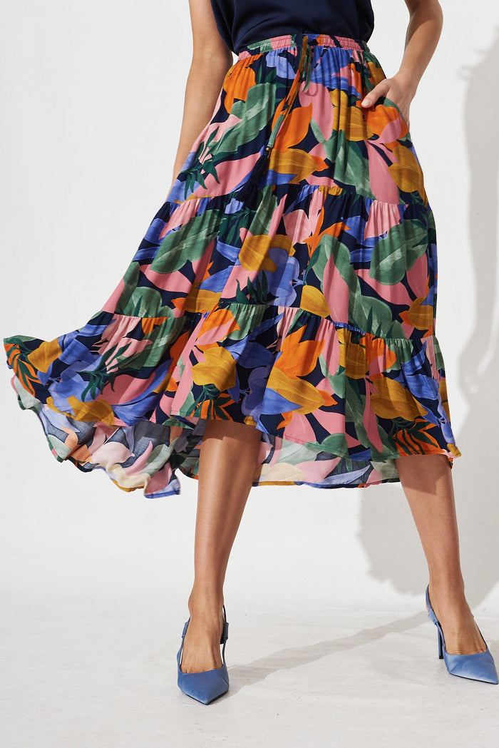 Prisca Midi Skirt In Navy Multi Leaf Print - front