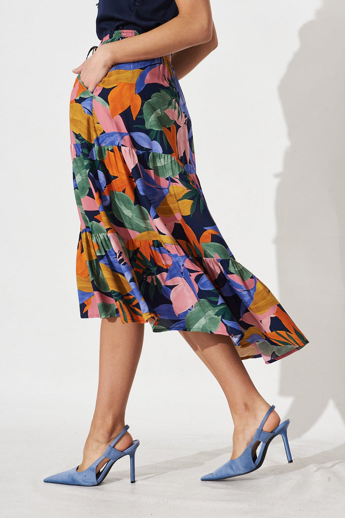 Prisca Midi Skirt In Navy Multi Leaf Print - side