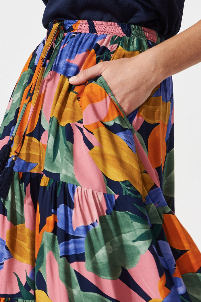Prisca Midi Skirt In Navy Multi Leaf Print - detail