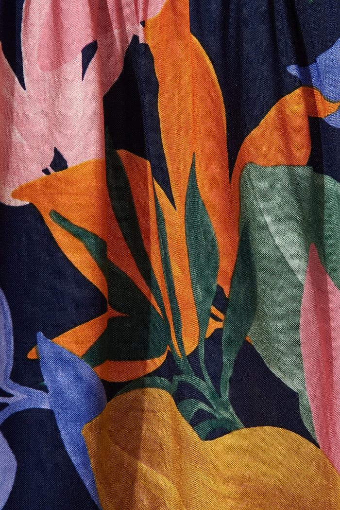 Prisca Midi Skirt In Navy Multi Leaf Print - fabric