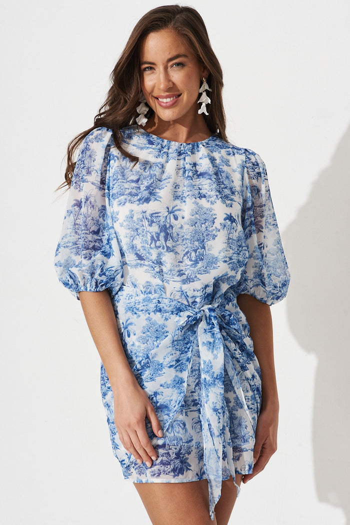 Vesty Dress In White With Blue Floral - front
