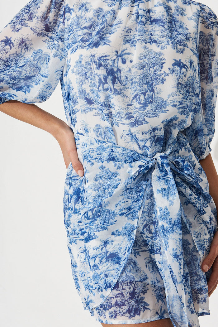 Vesty Dress In White With Blue Floral - detail