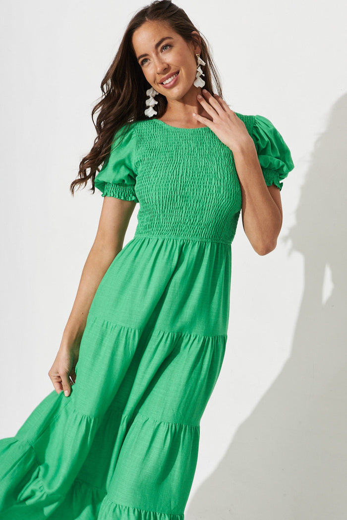 Avril Midi Dress In Green Linen Blend - St Frock (Dev)