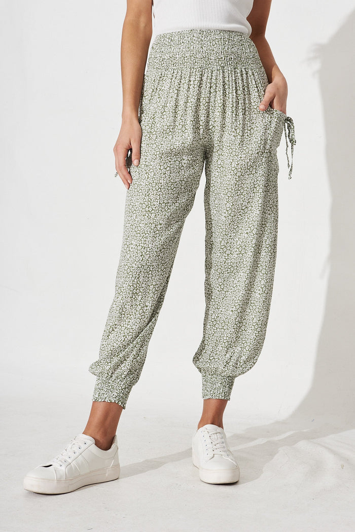 Gabby Lounge Pants In Sage With White Floral - front
