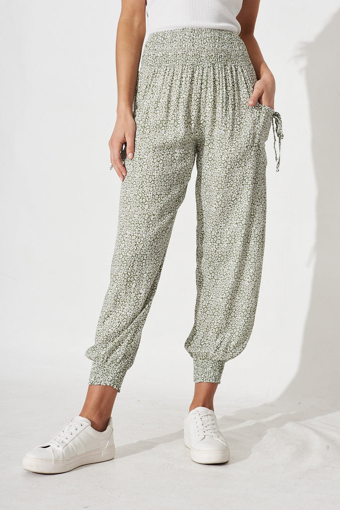 Gabby Lounge Pants In Sage With White Floral - front