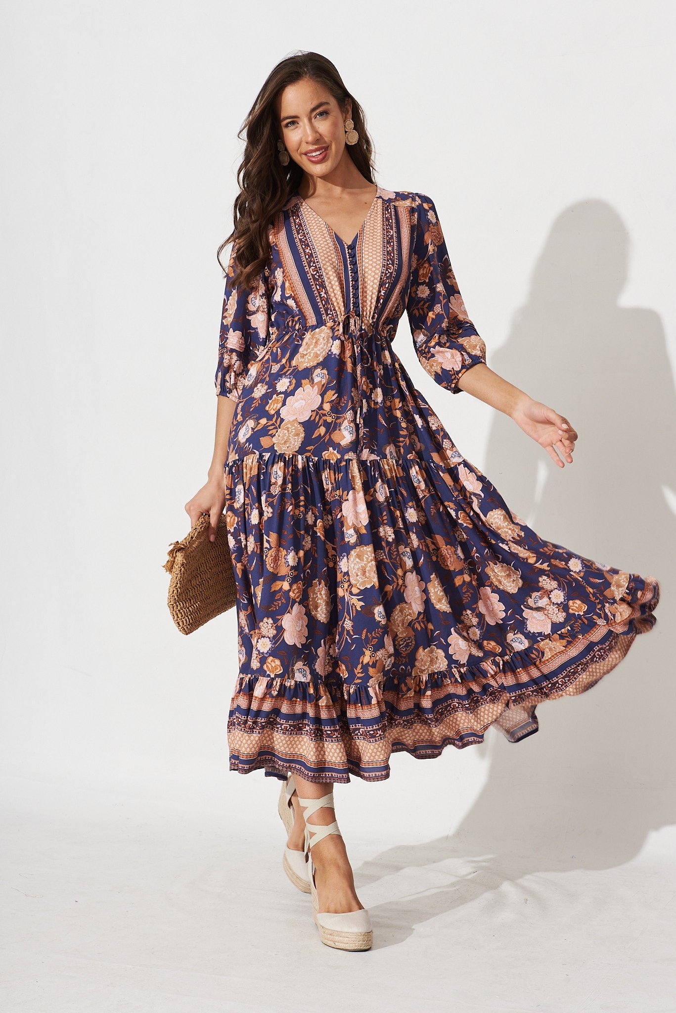 Hailee Midi Dress In Navy With Rust Boho Floral - full length