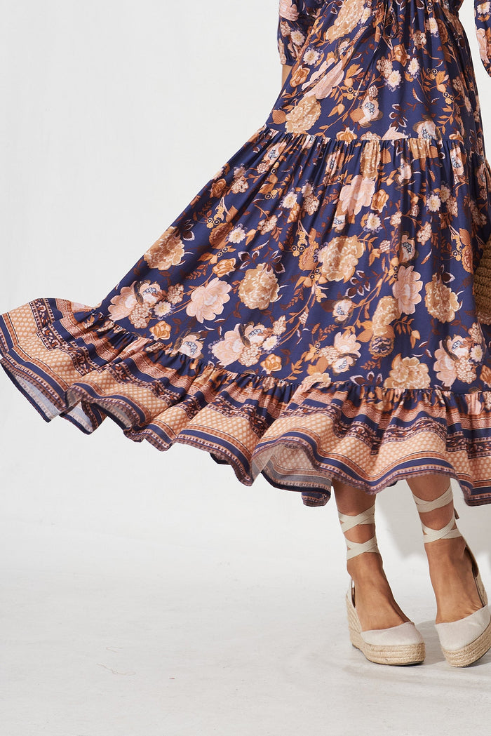 Hailee Midi Dress In Navy With Rust Boho Floral - detail
