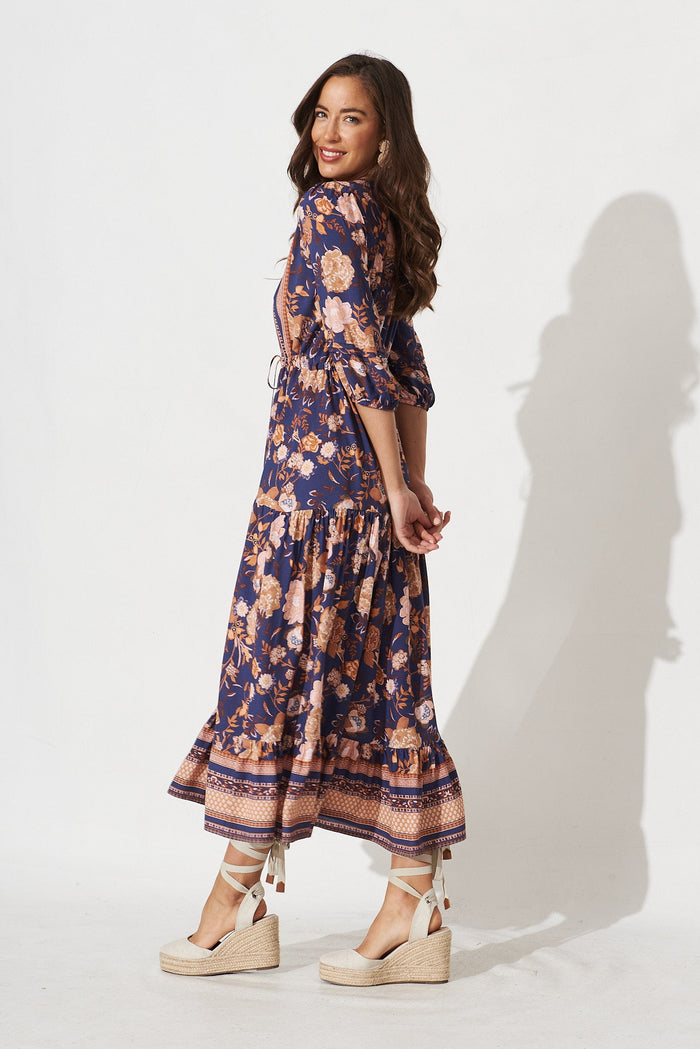 Hailee Midi Dress In Navy With Rust Boho Floral - side