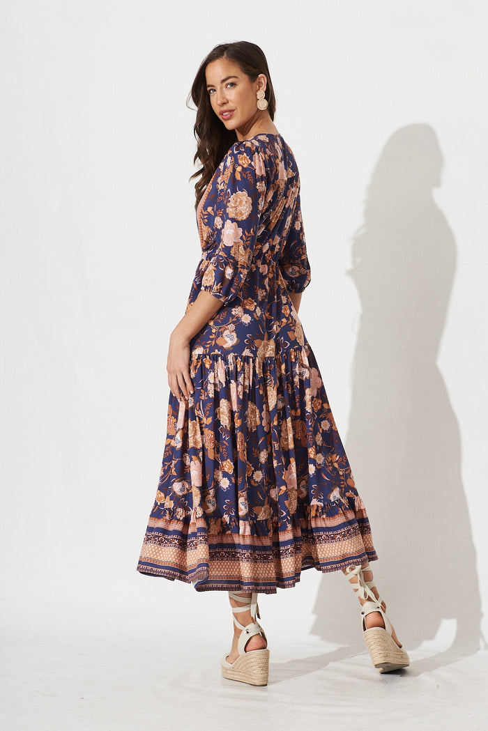 Hailee Midi Dress In Navy With Rust Boho Floral - back