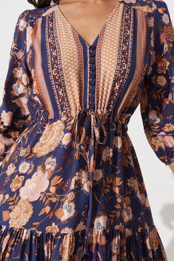 Hailee Midi Dress In Navy With Rust Boho Floral - detail