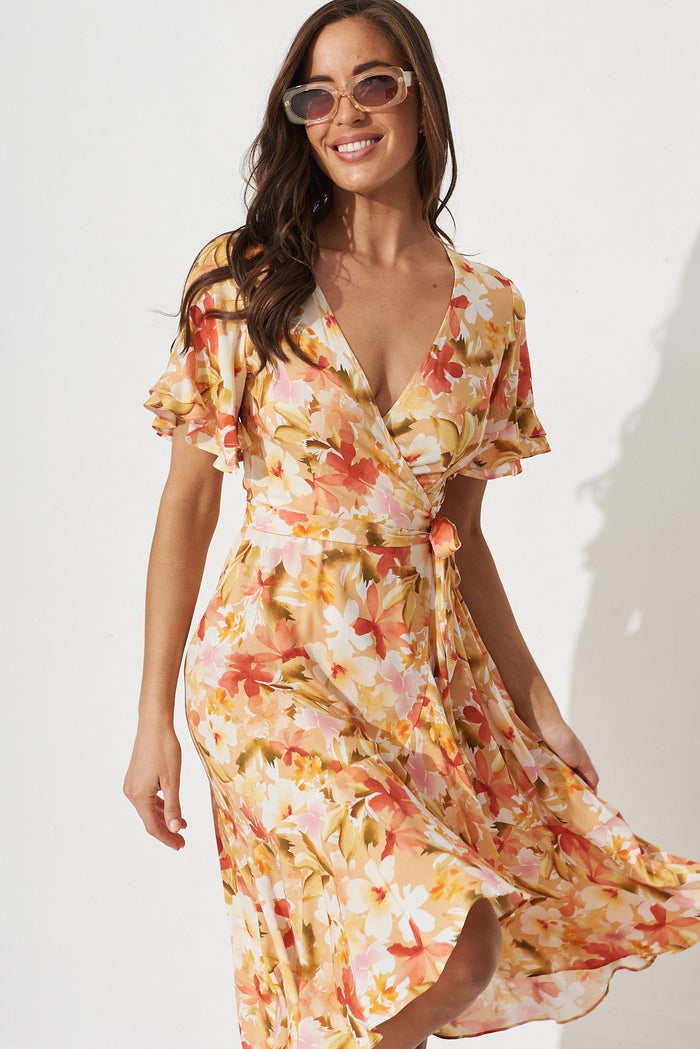 Felicidad Midi Wrap Dress in White And Pink Floral - front
