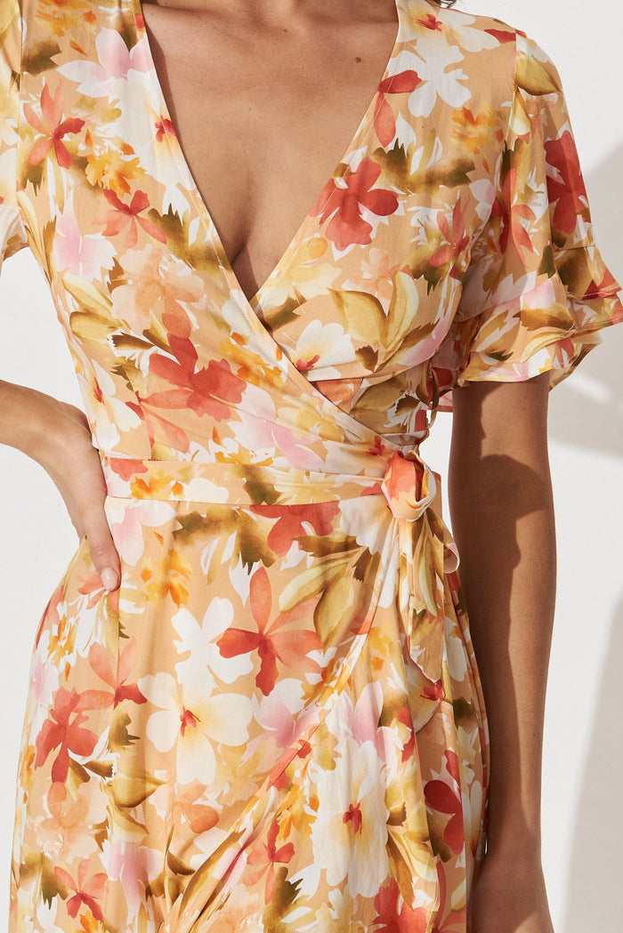 Felicidad Midi Wrap Dress in White And Pink Floral - detail