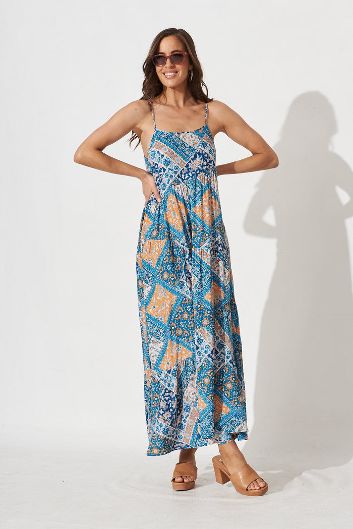 Adelita Maxi Dress In Navy And Blue Tile Print - St Frock (Dev)