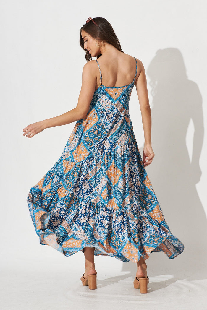 Adelita Maxi Dress In Navy And Blue Tile Print - St Frock (Dev)