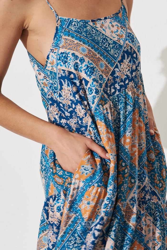 Adelita Maxi Dress In Navy And Blue Tile Print - St Frock (Dev)