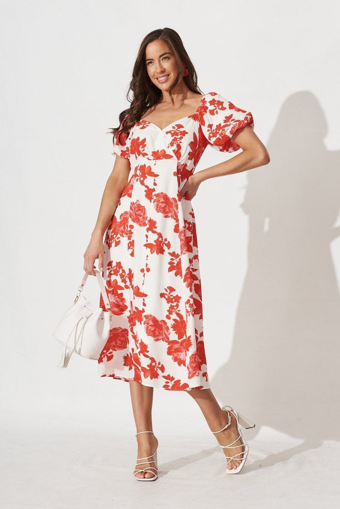 Cecilla Midi Dress In White With Red Floral - St Frock (Dev)