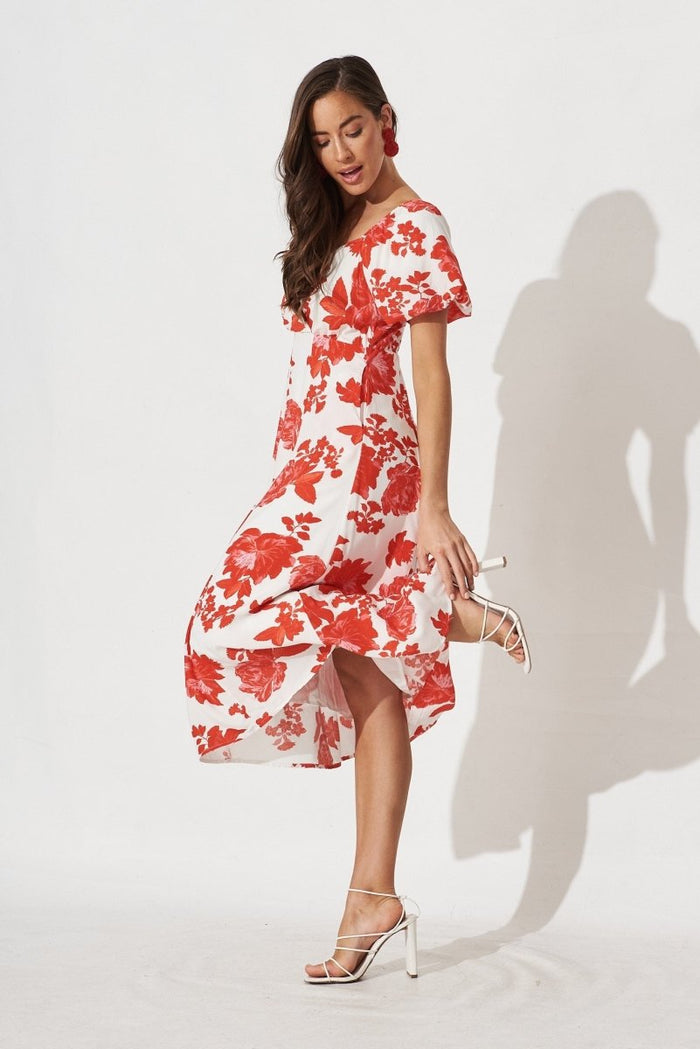 Cecilla Midi Dress In White With Red Floral - St Frock (Dev)