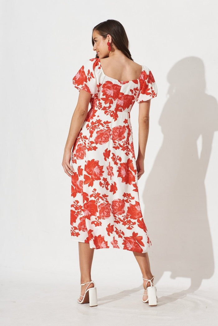 Cecilla Midi Dress In White With Red Floral - St Frock (Dev)
