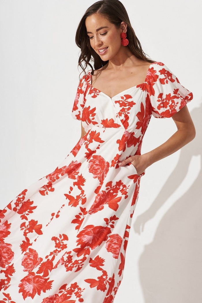 Cecilla Midi Dress In White With Red Floral - St Frock (Dev)