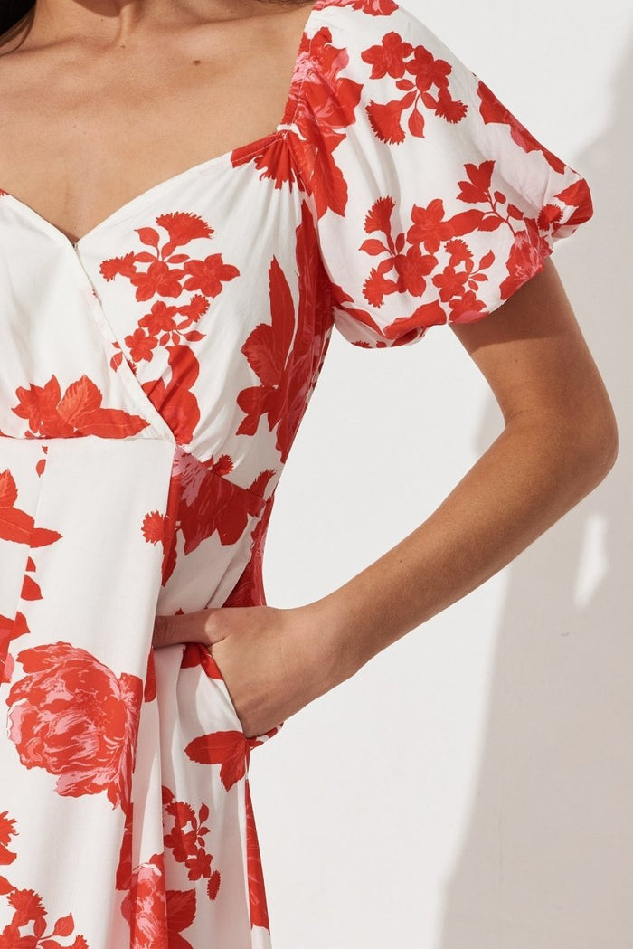 Cecilla Midi Dress In White With Red Floral - St Frock (Dev)