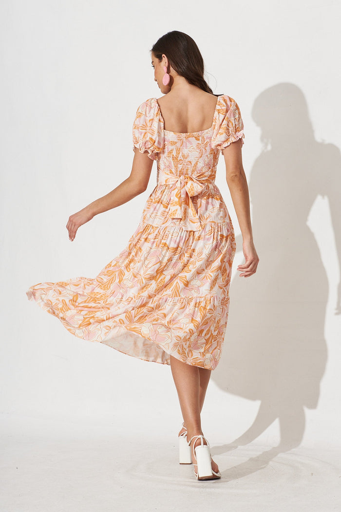 Kindra Midi Dress in White with Apricot Floral Linen Blend - back